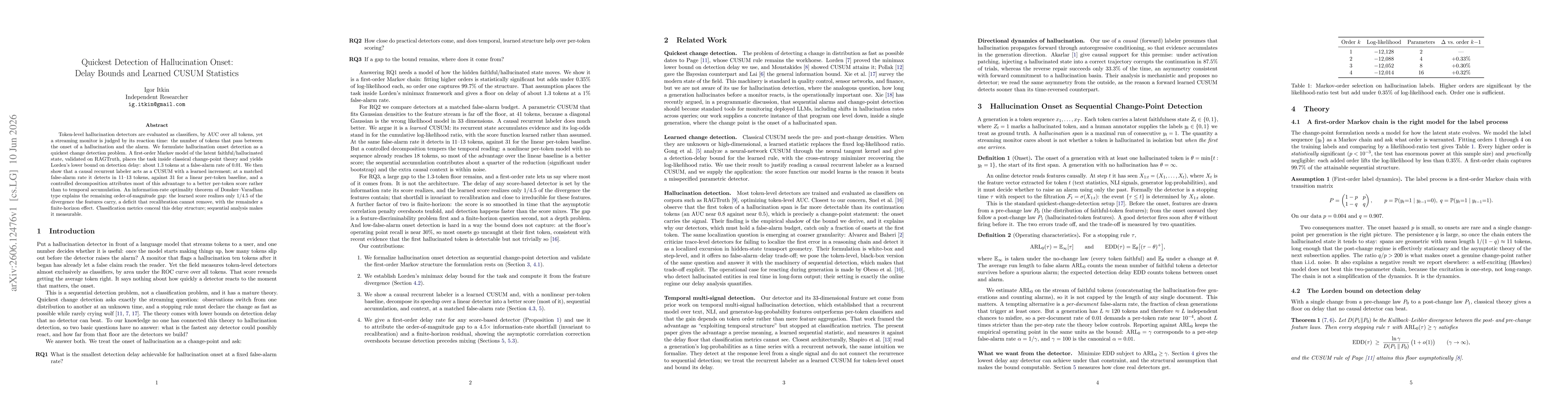 Thumbnail for Quickest Detection of Hallucination Onset: Delay Bounds and Learned CUSUM Statistics