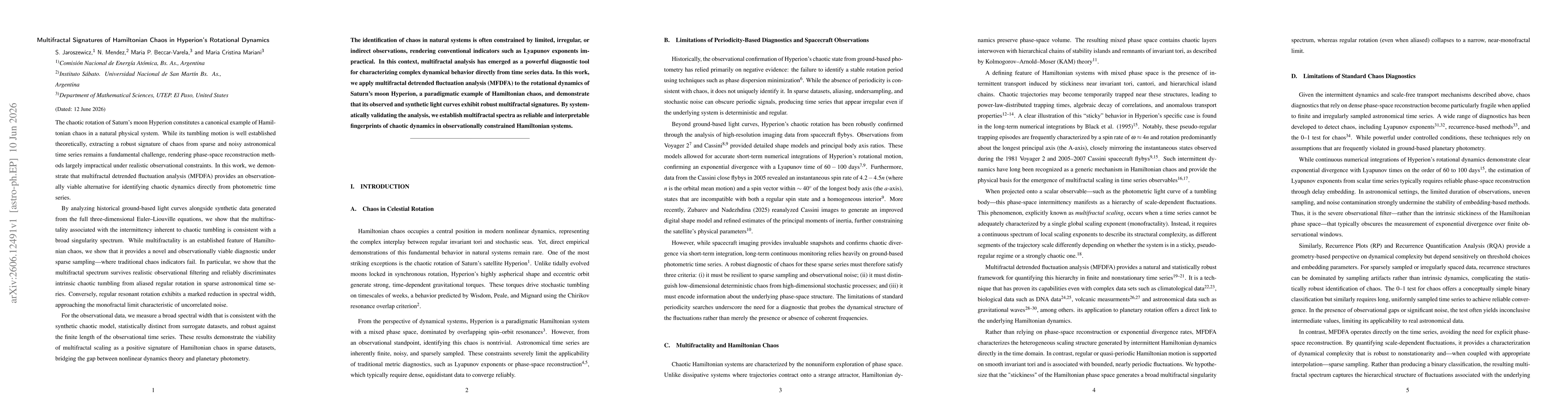 Thumbnail for Multifractal Signatures of Hamiltonian Chaos in Hyperion's Rotational Dynamics