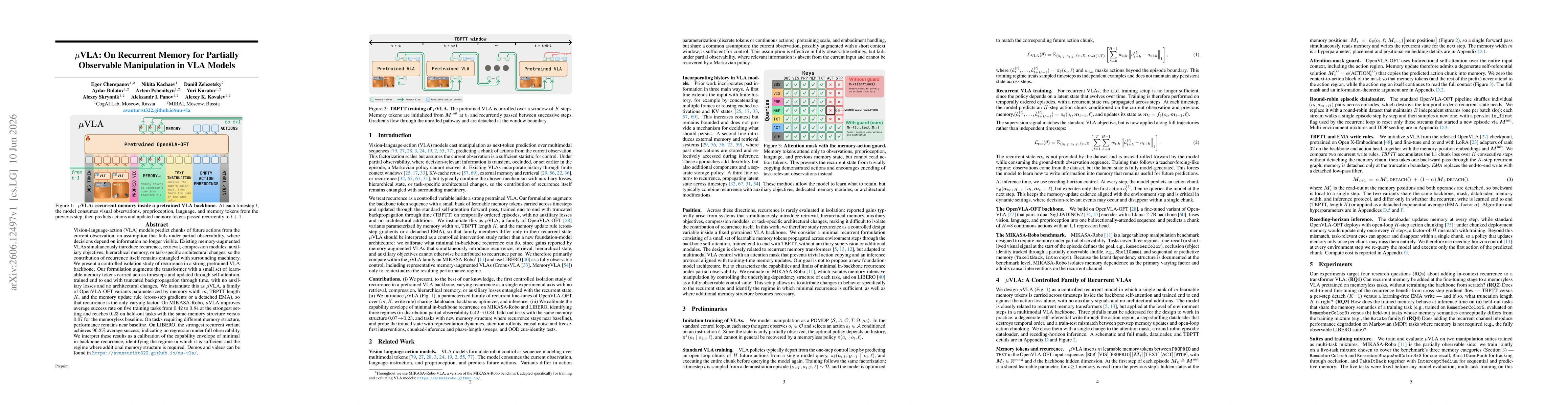 Thumbnail for $μ$VLA: On Recurrent Memory for Partially Observable Manipulation in VLA Models