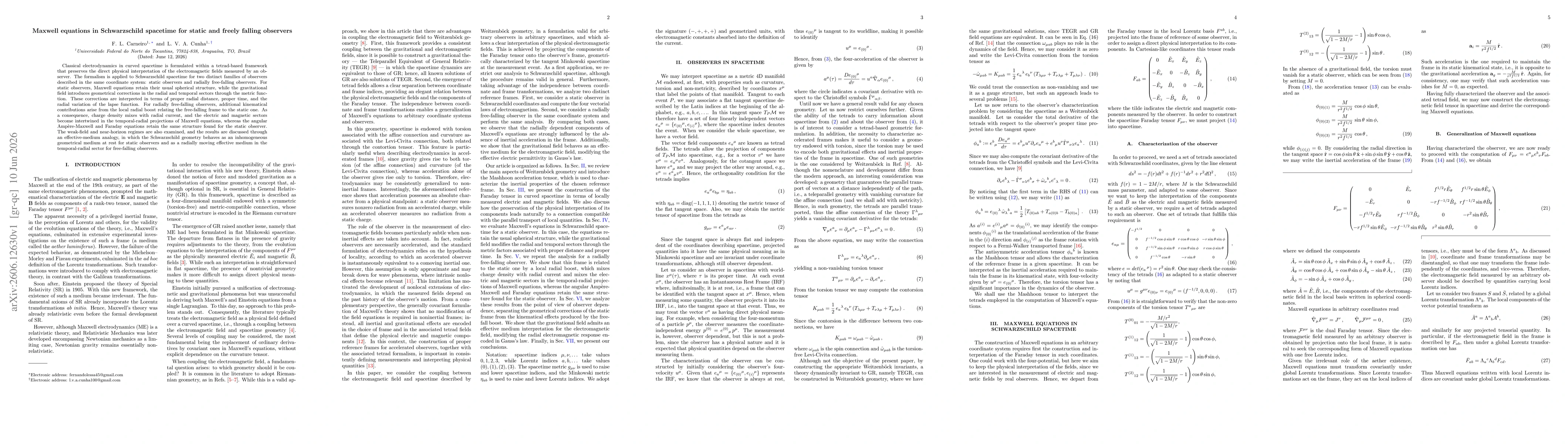Thumbnail for Maxwell equations in Schwarzschild spacetime for static and freely falling observers