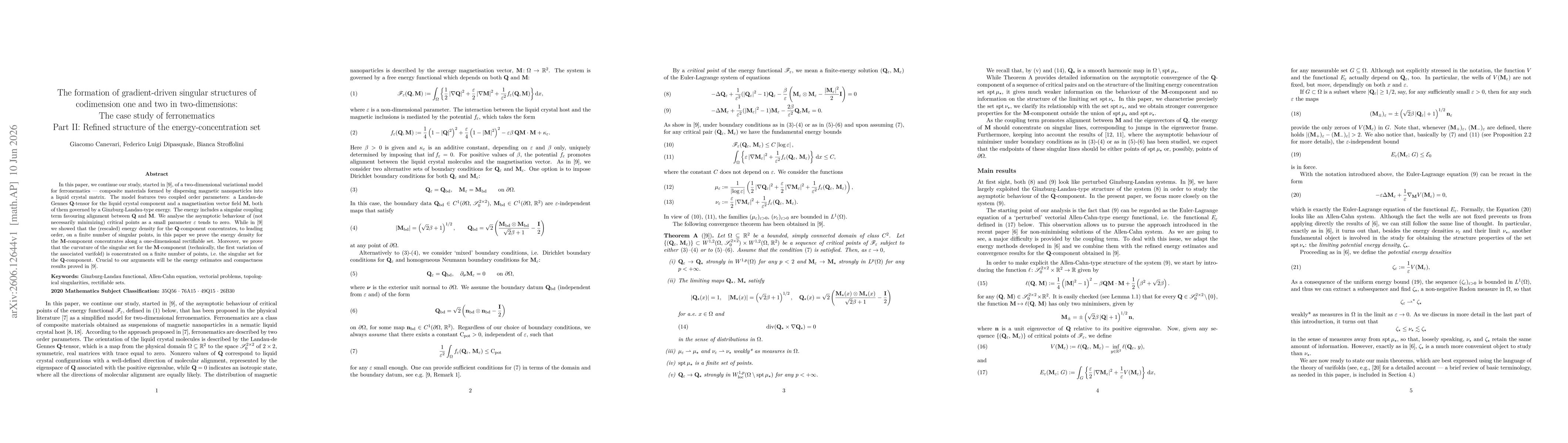 Thumbnail for The formation of gradient-driven singular structures of codimension one and two in two-dimensions: The case study of ferronematics. Part~{II}: Refined structure of the energy-concentration set