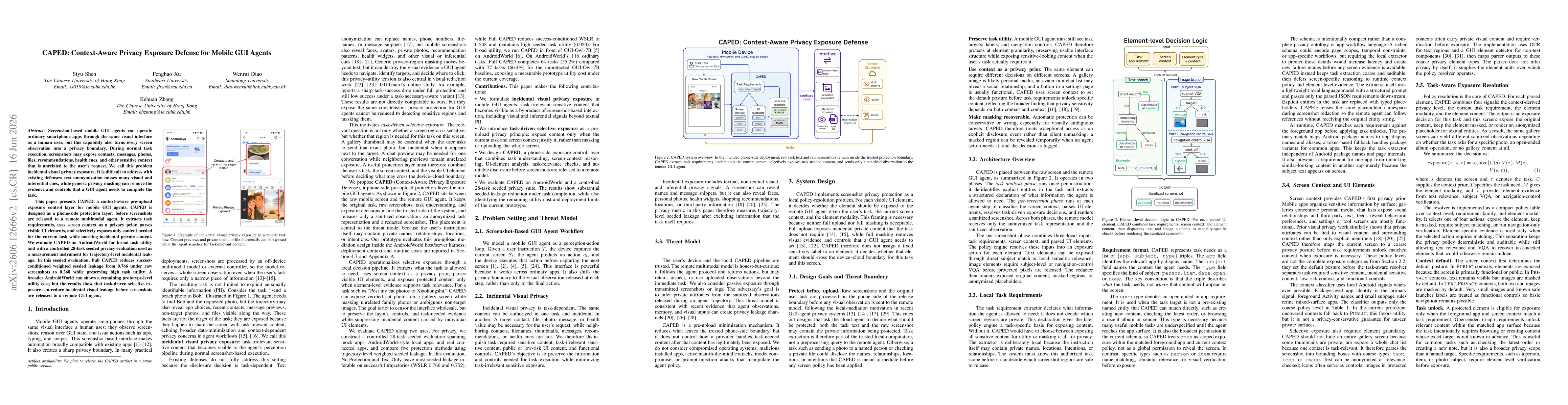 Thumbnail for CAPED: Context-Aware Privacy Exposure Defense for Mobile GUI Agents