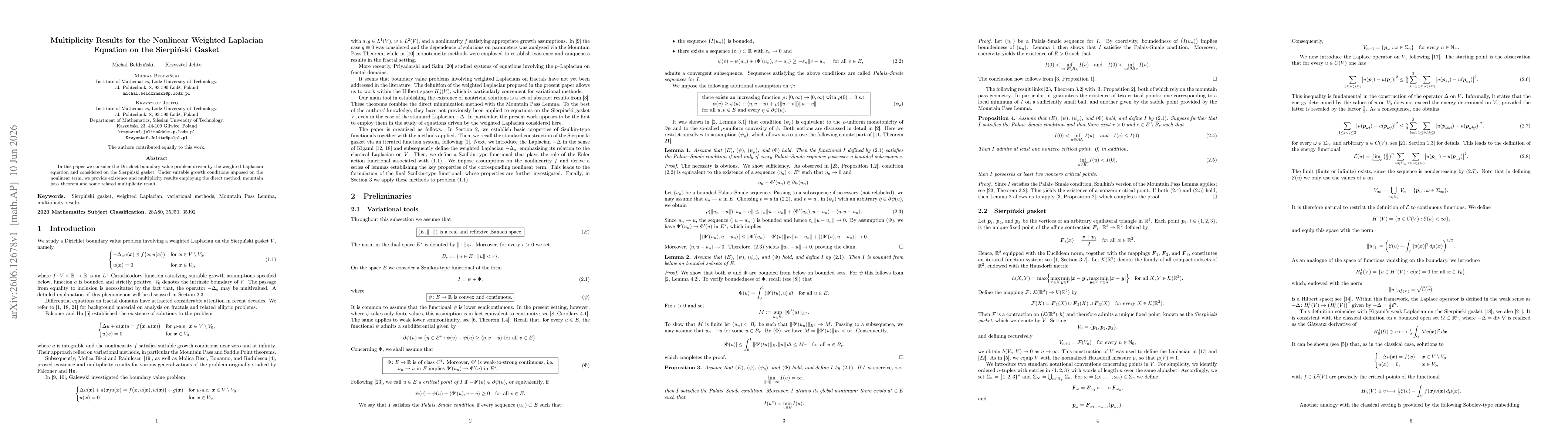 Thumbnail for Multiplicity Results for the Nonlinear Weighted Laplacian Equation on the Sierpiński Gasket