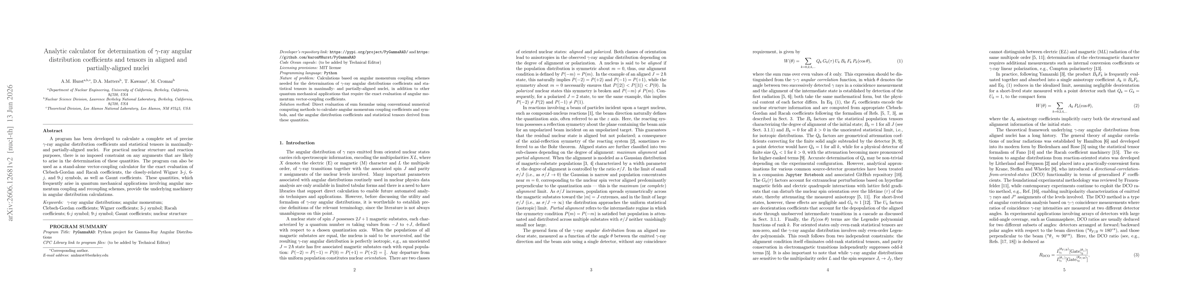 Thumbnail for Analytic calculator for determination of $γ$-ray angular distribution coefficients and tensors in aligned and partially-aligned nuclei