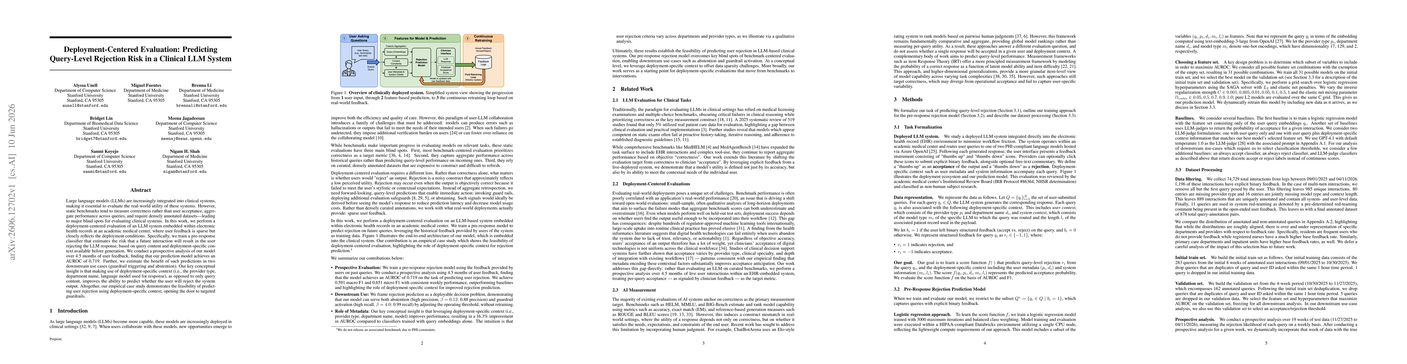 Thumbnail for Deployment-Centered Evaluation: Predicting Query-Level Rejection Risk in a Clinical LLM System