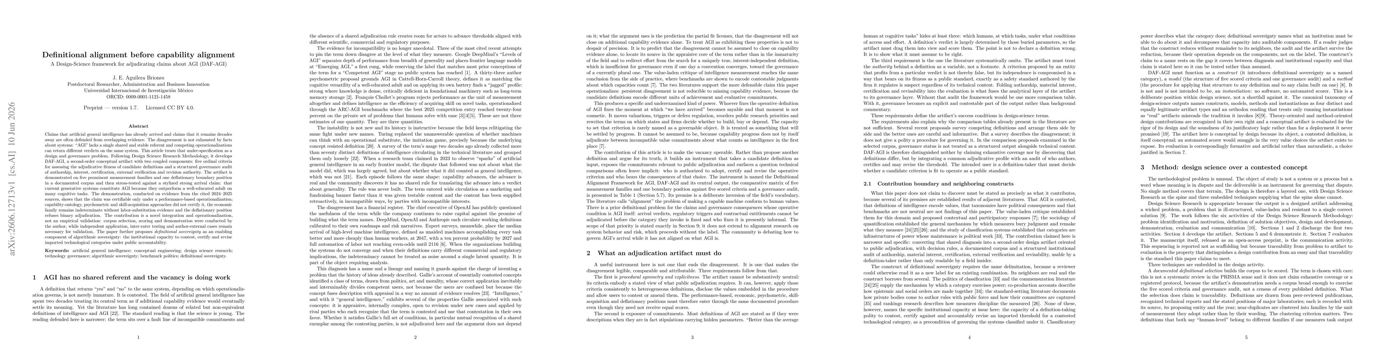 Thumbnail for Definitional alignment before capability alignment: a Design-Science framework for adjudicating claims about AGI
