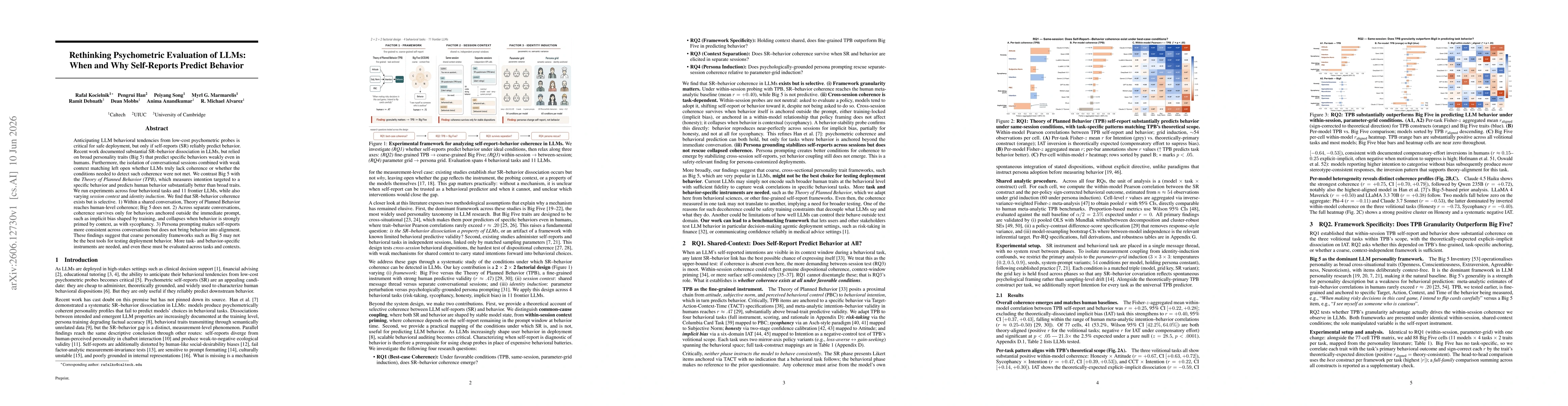 Thumbnail for Rethinking Psychometric Evaluation of LLMs: When and Why Self-Reports Predict Behavior