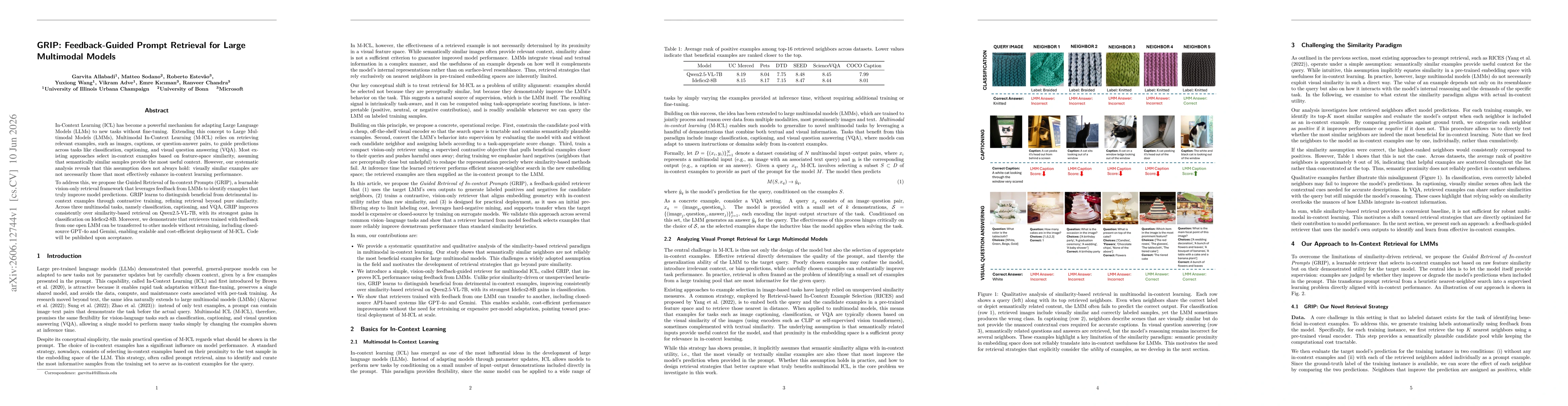 Thumbnail for GRIP: Feedback-Guided Prompt Retrieval for Large Multimodal Models