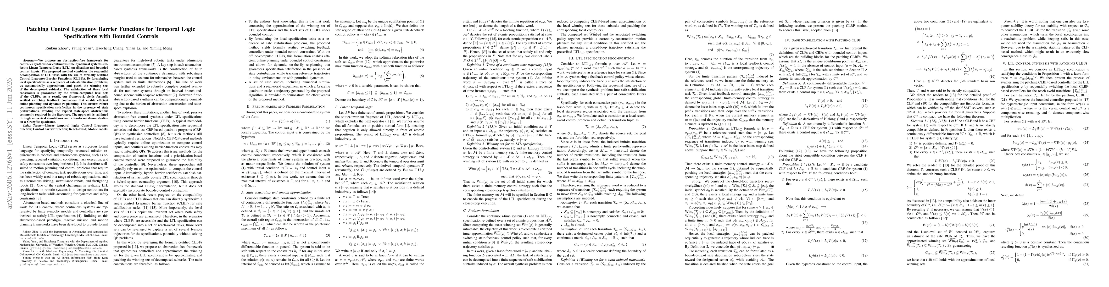 Thumbnail for Patching Control Lyapunov Barrier Functions for Temporal Logic Specifications with Bounded Controls