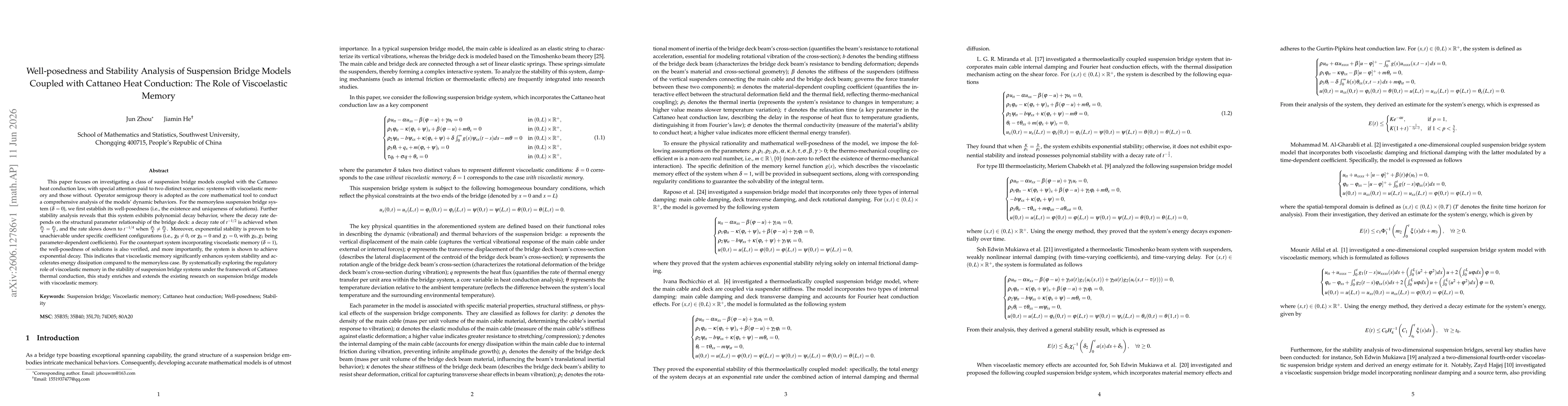 Thumbnail for Well-posedness and Stability Analysis of Suspension Bridge Models Coupled with Cattaneo Heat Conduction: The Role of Viscoelastic Memory