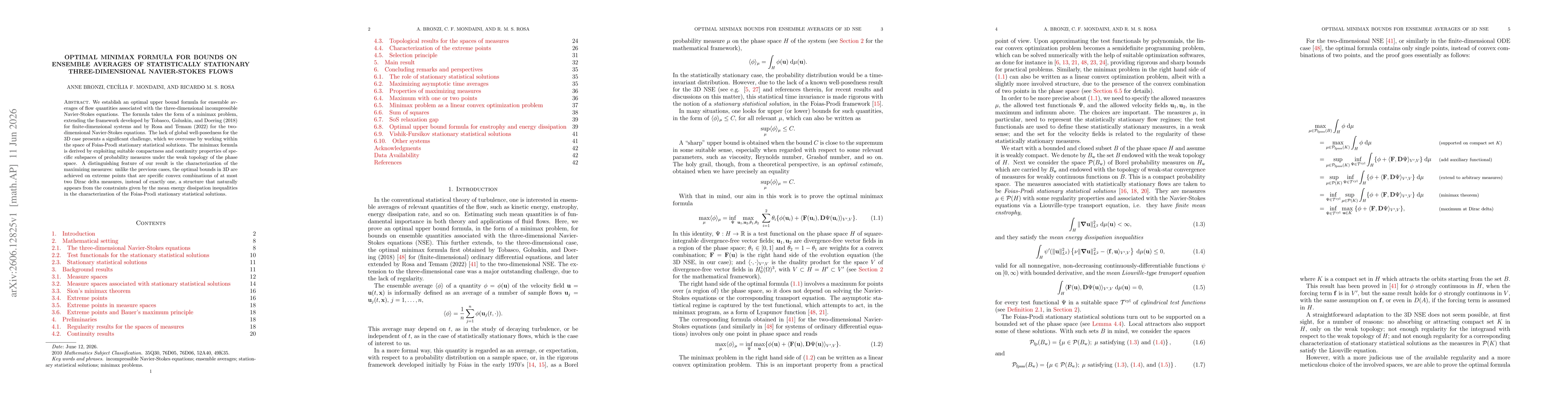 Thumbnail for Optimal minimax formula for bounds on ensemble averages of statistically stationary three-dimensional Navier-Stokes flows