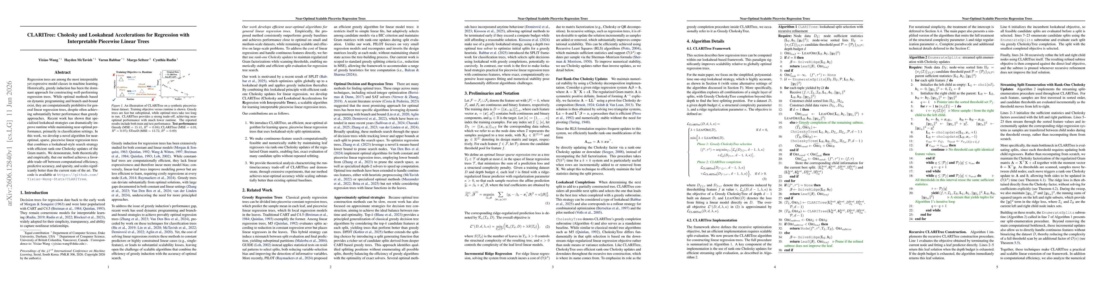 Thumbnail for CLARITree: Cholesky and Lookahead Accelerations for Regression with Interpretable Piecewise Linear Trees