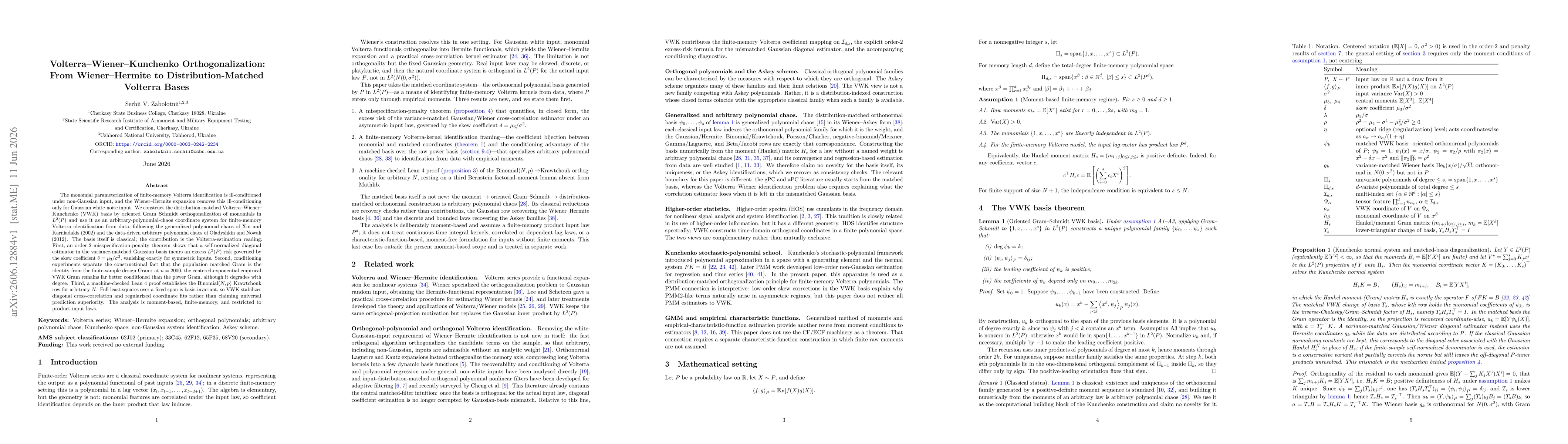 Thumbnail for Volterra--Wiener--Kunchenko Orthogonalization: From Wiener--Hermite to Distribution-Matched Volterra Bases