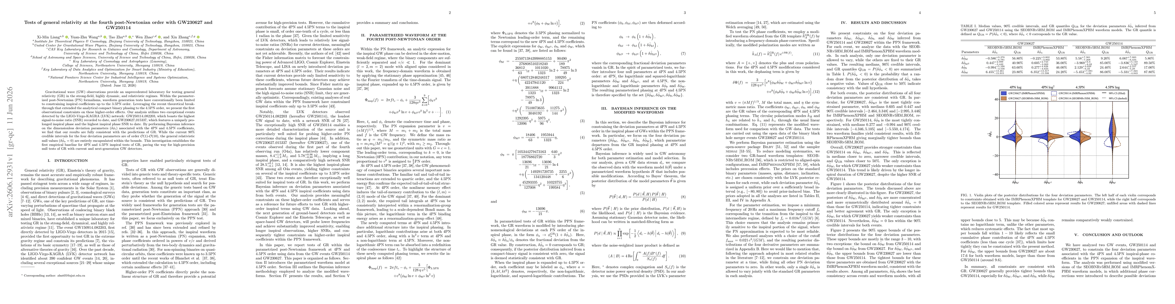 Thumbnail for Tests of general relativity at the fourth post-Newtonian order with GW230627 and GW250114