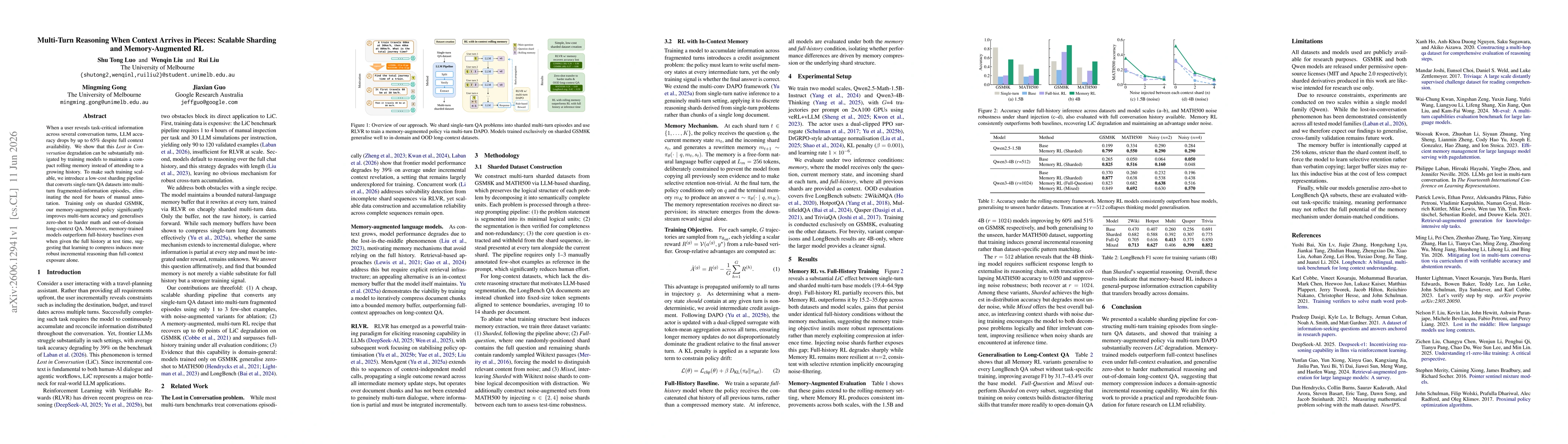 Thumbnail for Multi-Turn Reasoning When Context Arrives in Pieces: Scalable Sharding and Memory-Augmented RL