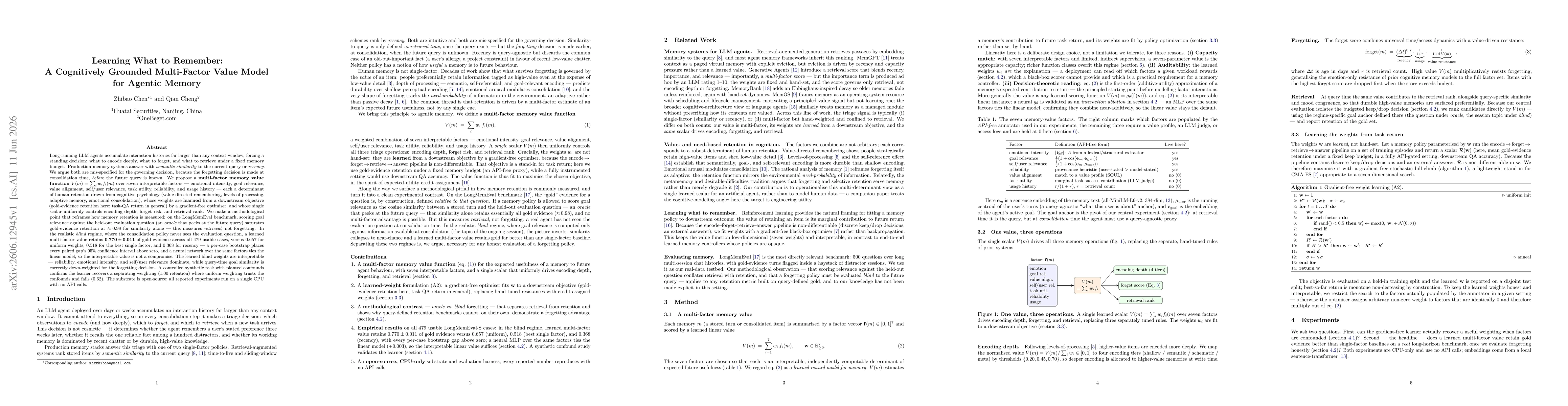 Thumbnail for Learning What to Remember: A Cognitively Grounded Multi-Factor Value Model for Agentic Memory