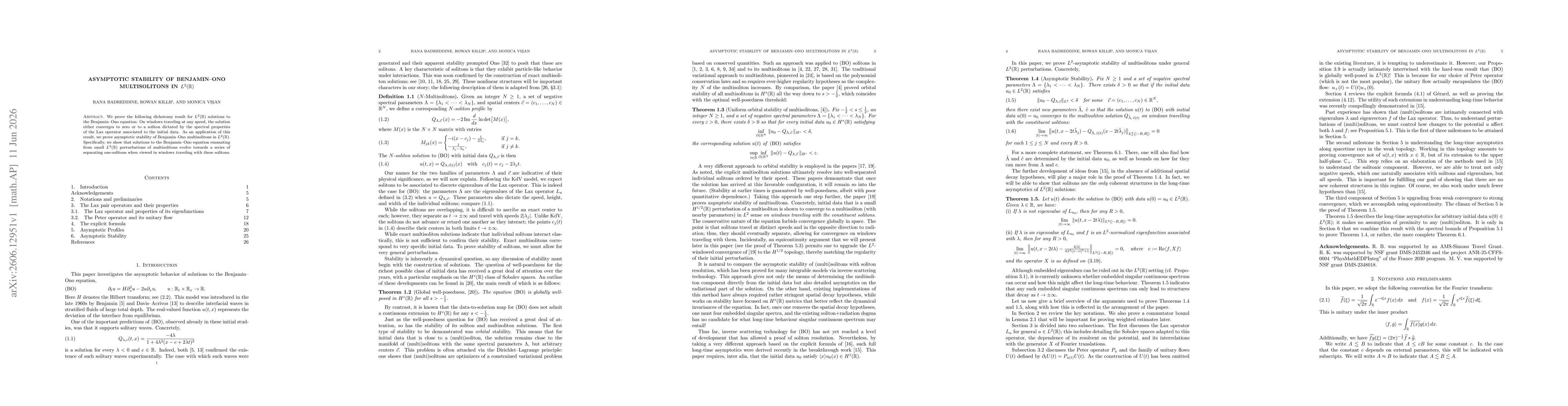 Thumbnail for Asymptotic stability of Benjamin--Ono multisolitons in $L^2(\mathbb R)$