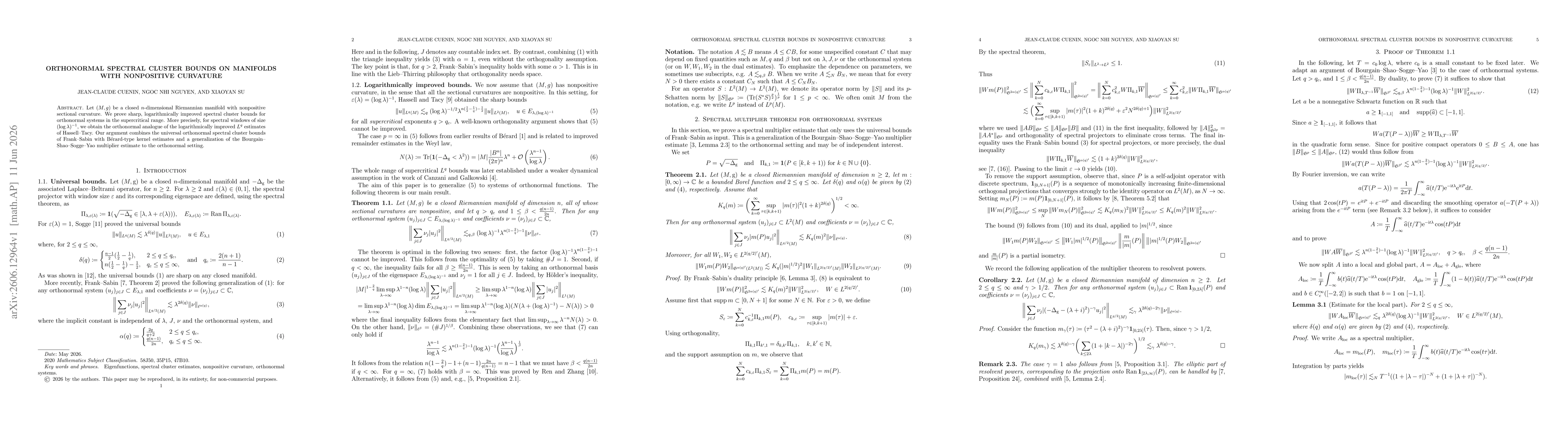 Thumbnail for Orthonormal Spectral Cluster Bounds on Manifolds with Nonpositive Curvature
