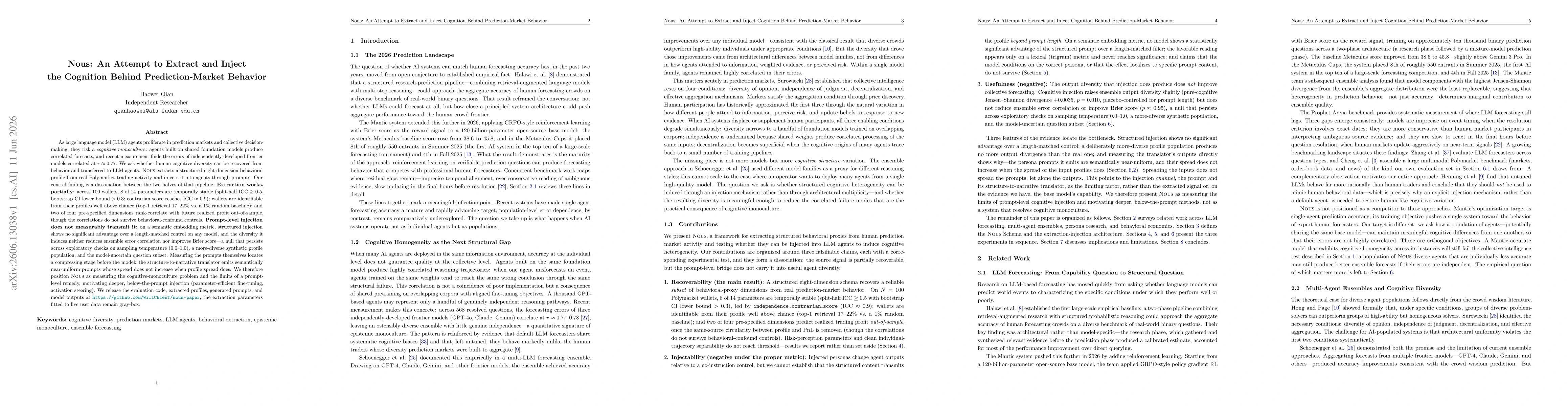 Thumbnail for Nous: An Attempt to Extract and Inject the Cognition Behind Prediction-Market Behavior