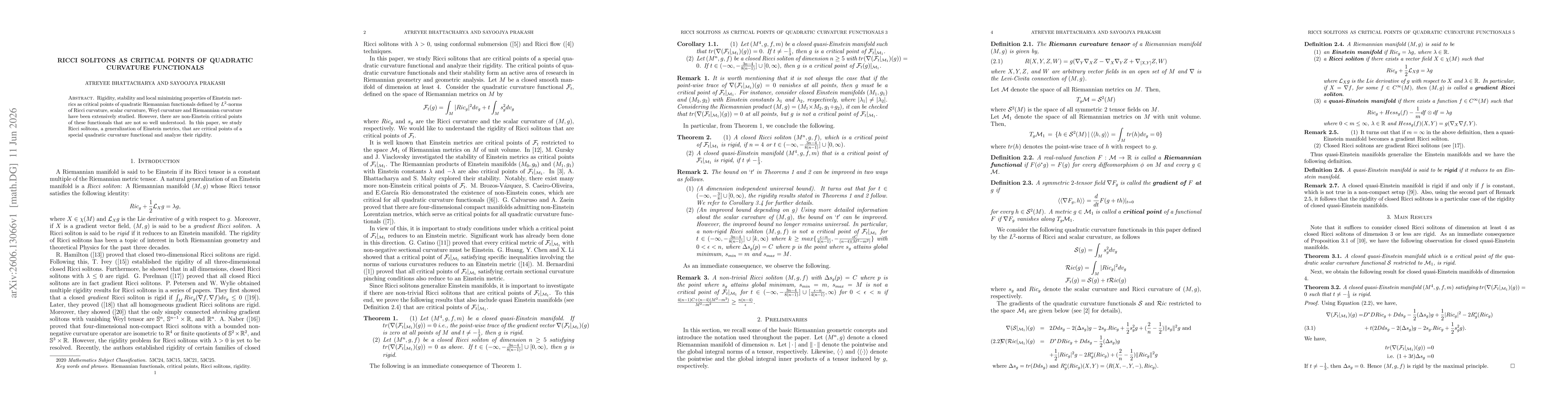 Thumbnail for Ricci solitons as critical points of quadratic curvature functionals