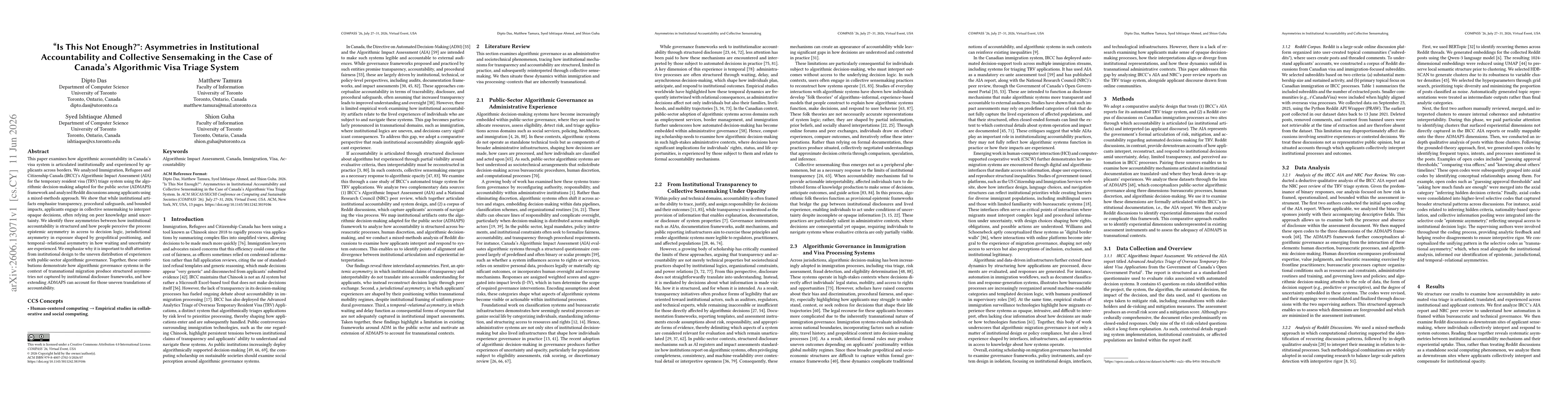 Thumbnail for "Is This Not Enough?": Asymmetries in Institutional Accountability and Collective Sensemaking in the Case of Canada's Algorithmic Visa Triage System