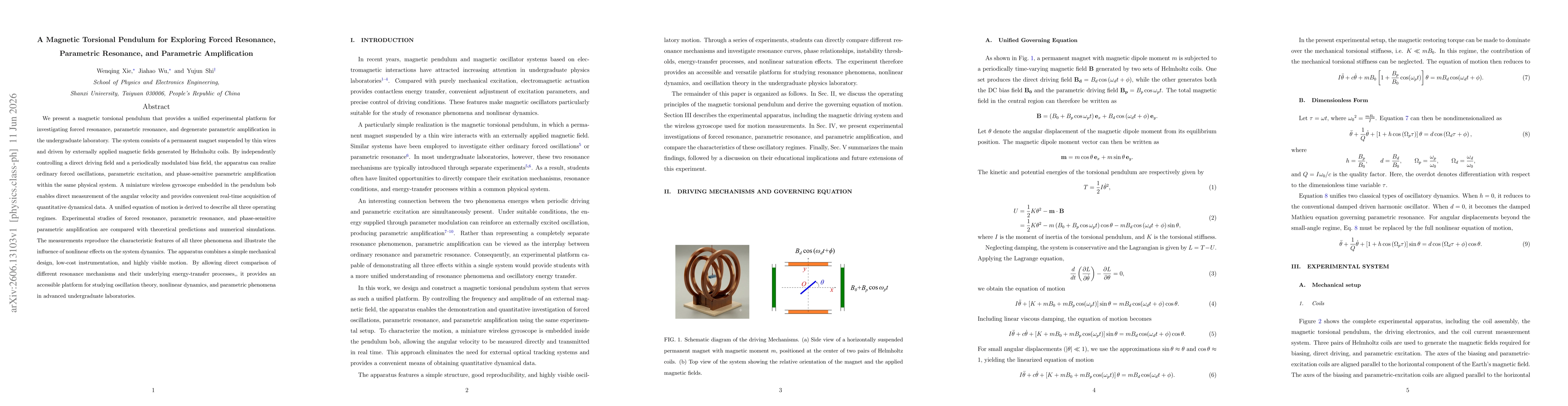 Thumbnail for A Magnetic Torsional Pendulum for Exploring Forced Resonance, Parametric Resonance, and Parametric Amplification