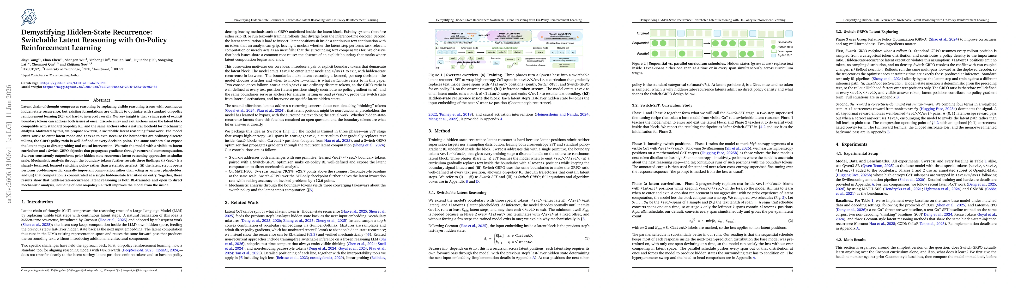 Thumbnail for Demystifying Hidden-State Recurrence: Switchable Latent Reasoning with On-Policy Reinforcement Learning