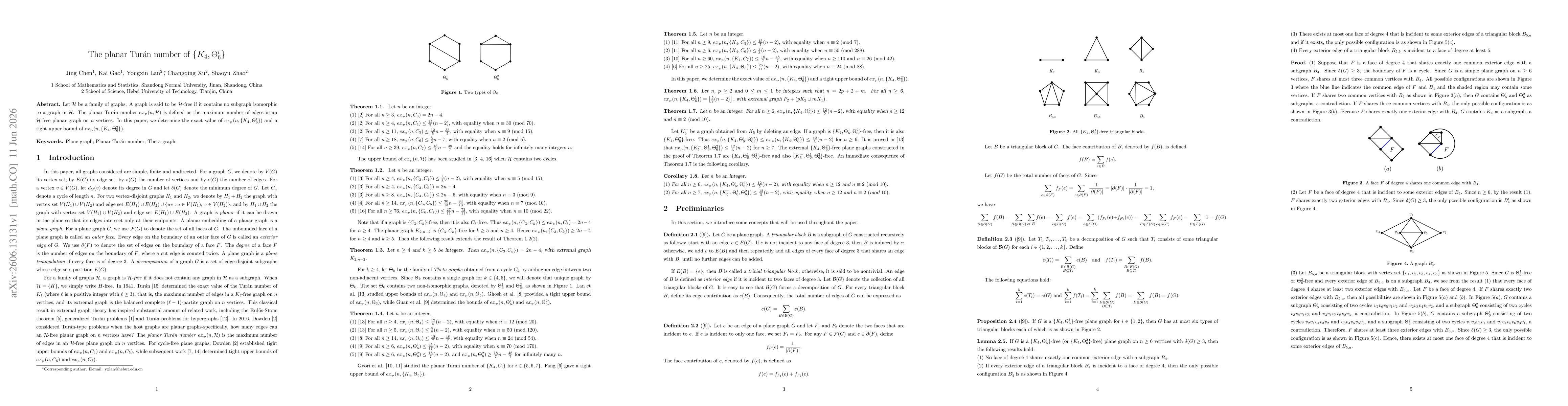 Thumbnail for The planar Turán number of $\{K_{4},Θ_{6}^{i}\}$