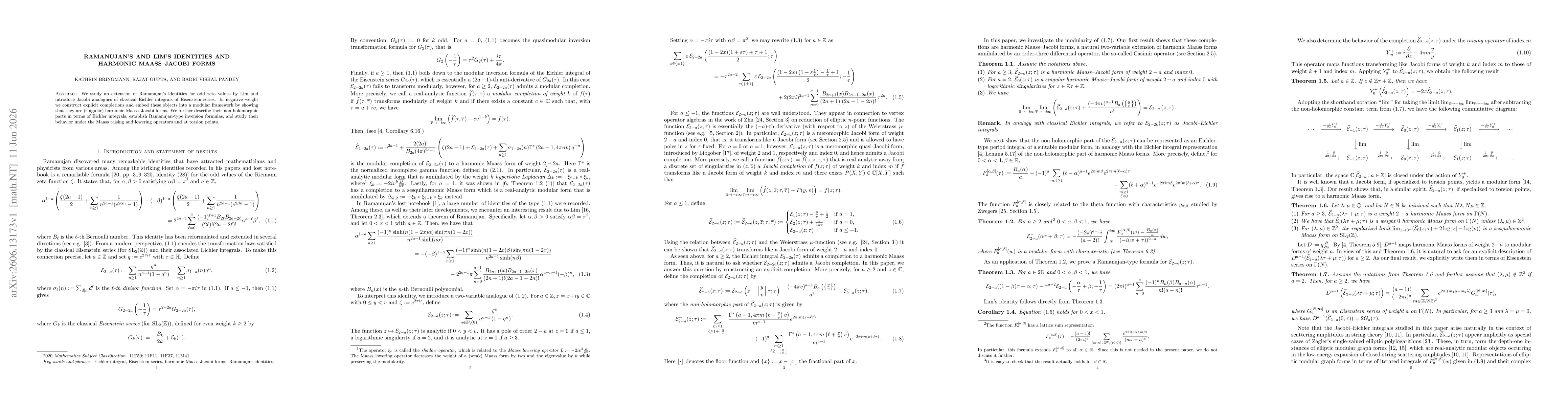 Thumbnail for Ramanujan's and Lim's Identities and Harmonic Maass--Jacobi Forms