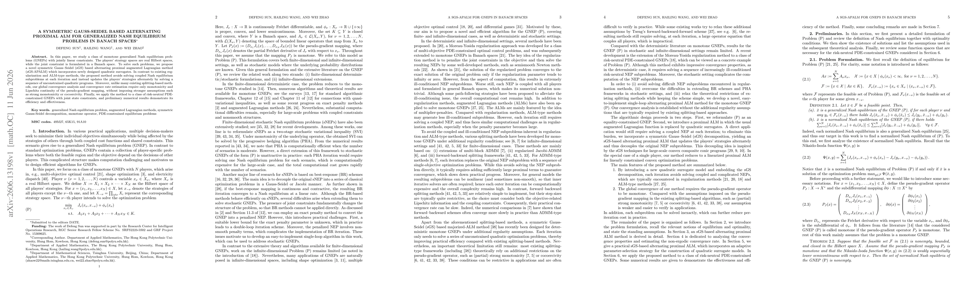 Thumbnail for A symmetric Gauss-Seidel based alternating proximal ALM for generalized Nash Equilibrium problems in Banach spaces