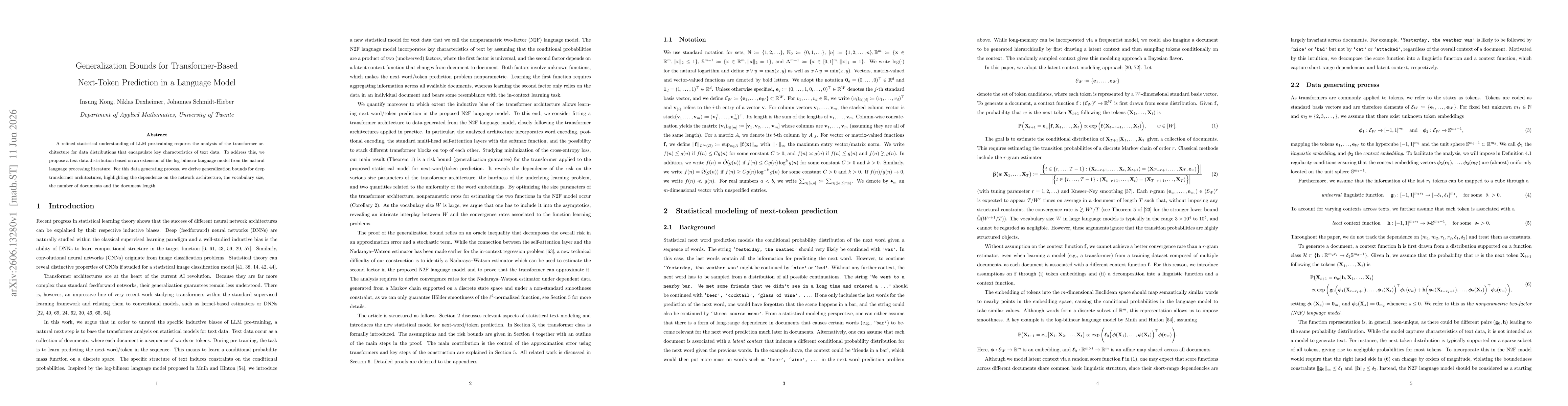 Thumbnail for Generalization Bounds for Transformer-Based Next-Token Prediction in a Language Model