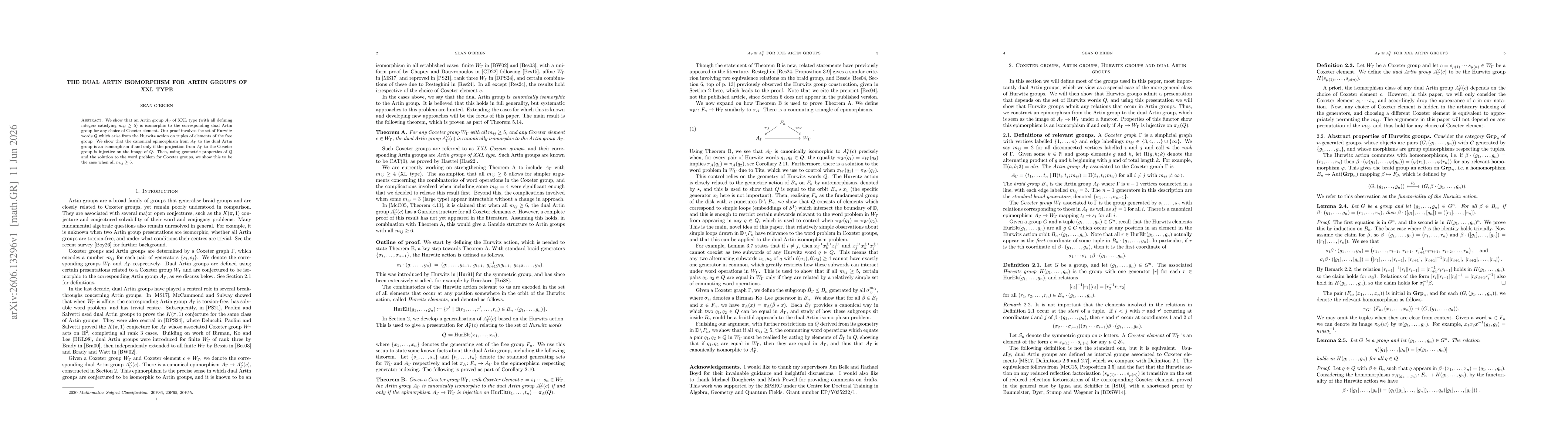 Thumbnail for The dual Artin isomorphism for Artin groups of XXL type