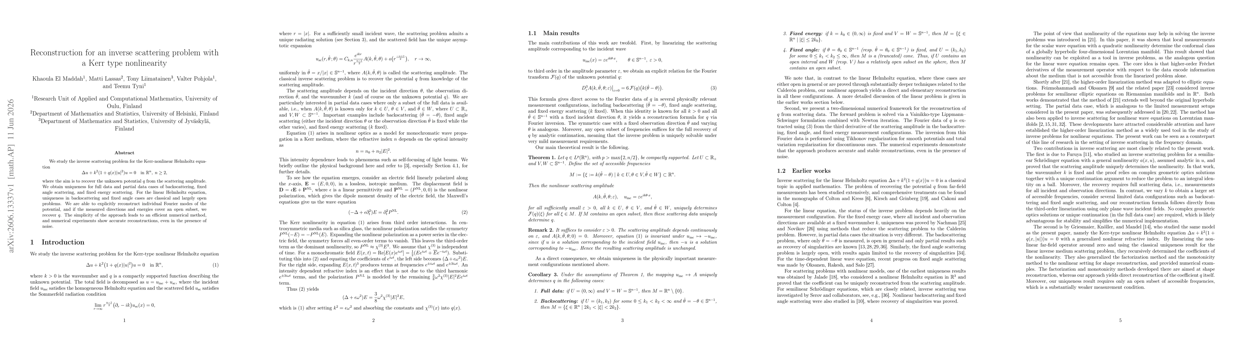 Thumbnail for Reconstruction for an inverse scattering problem with a Kerr type nonlinearity