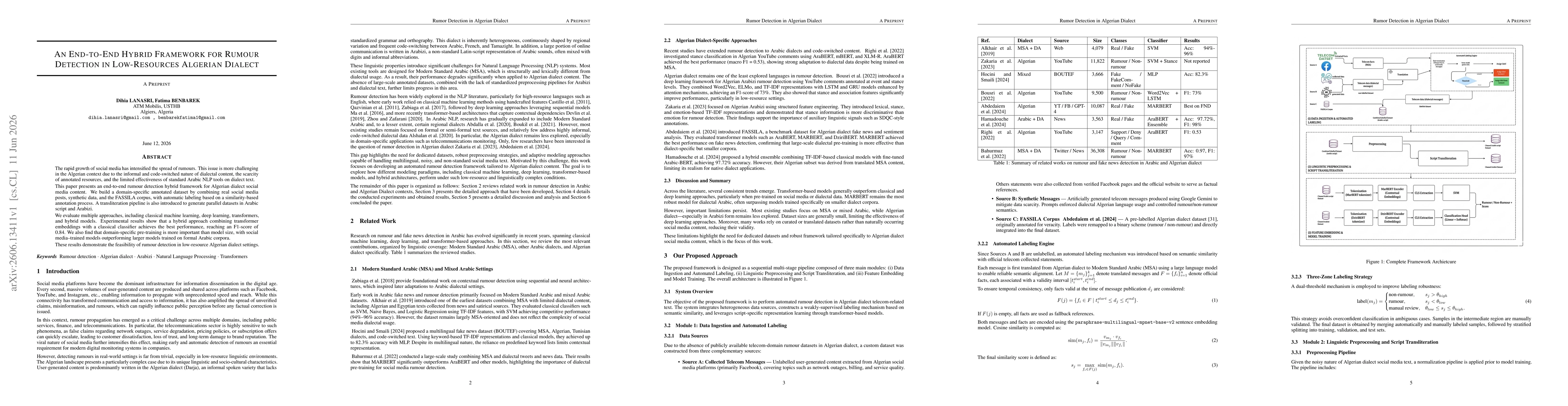 Thumbnail for An End-to-End Hybrid Framework for Rumour Detection in Low-Resources Algerian Dialect