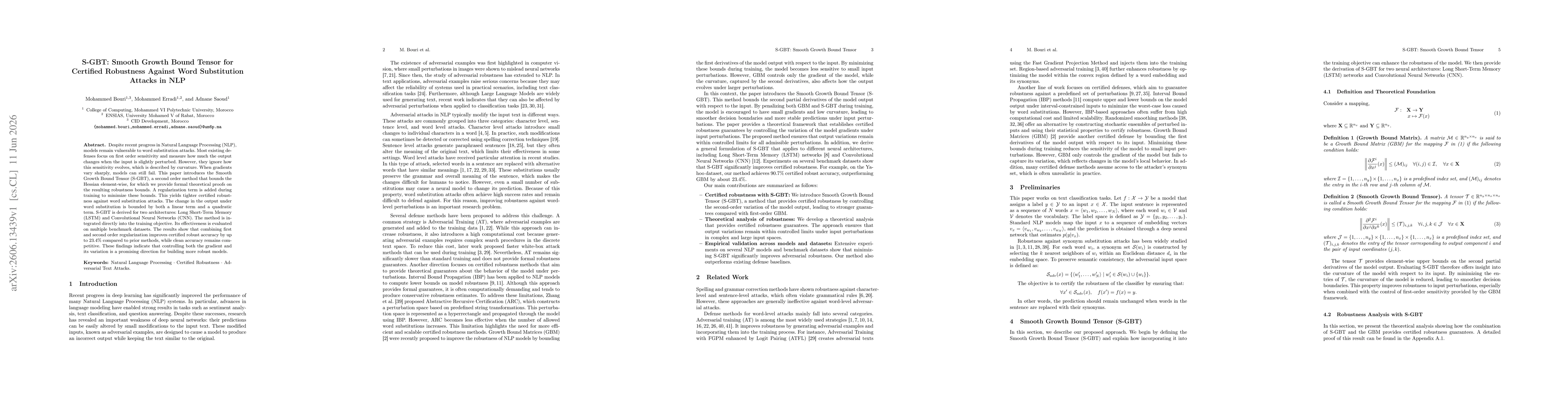 Thumbnail for S-GBT: Smooth Growth Bound Tensor for Certified Robustness Against Word Substitution Attacks in NLP