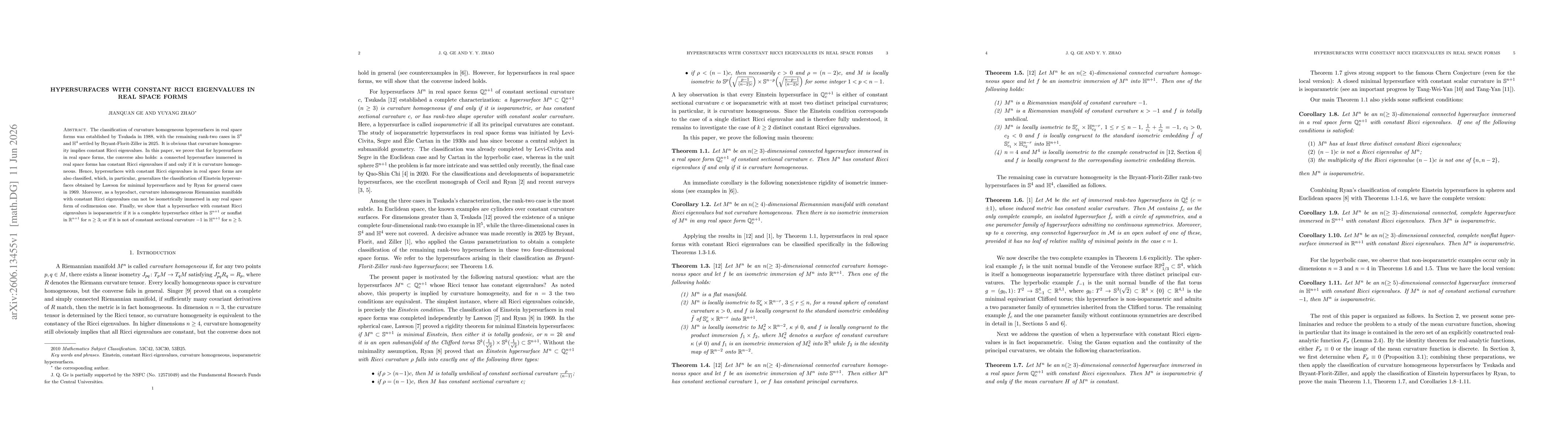 Thumbnail for Hypersurfaces with Constant Ricci Eigenvalues in Real Space Forms