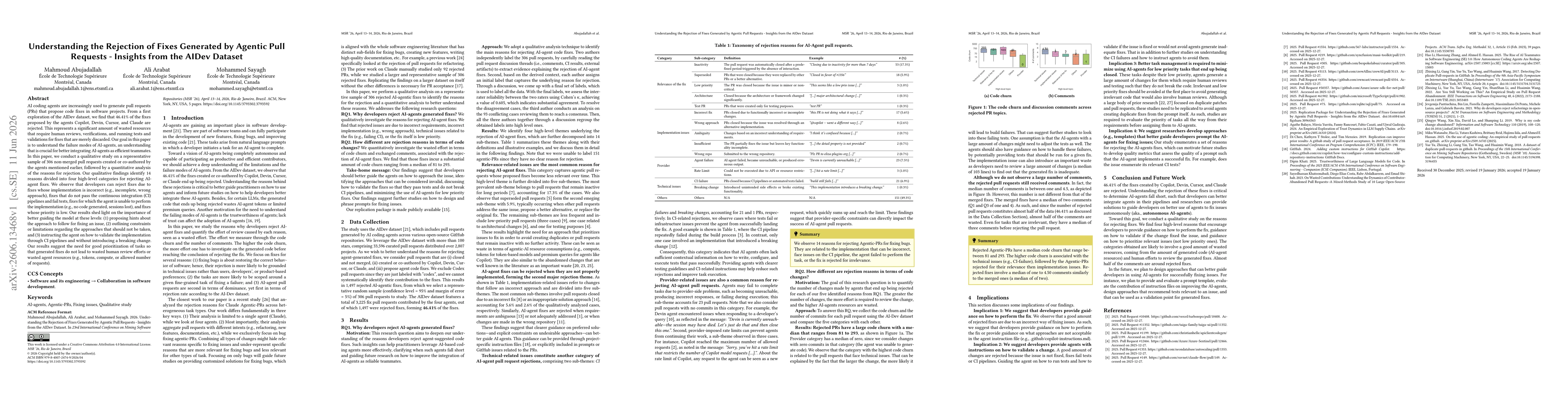 Thumbnail for Understanding the Rejection of Fixes Generated by Agentic Pull Requests -- Insights from the AIDev Dataset