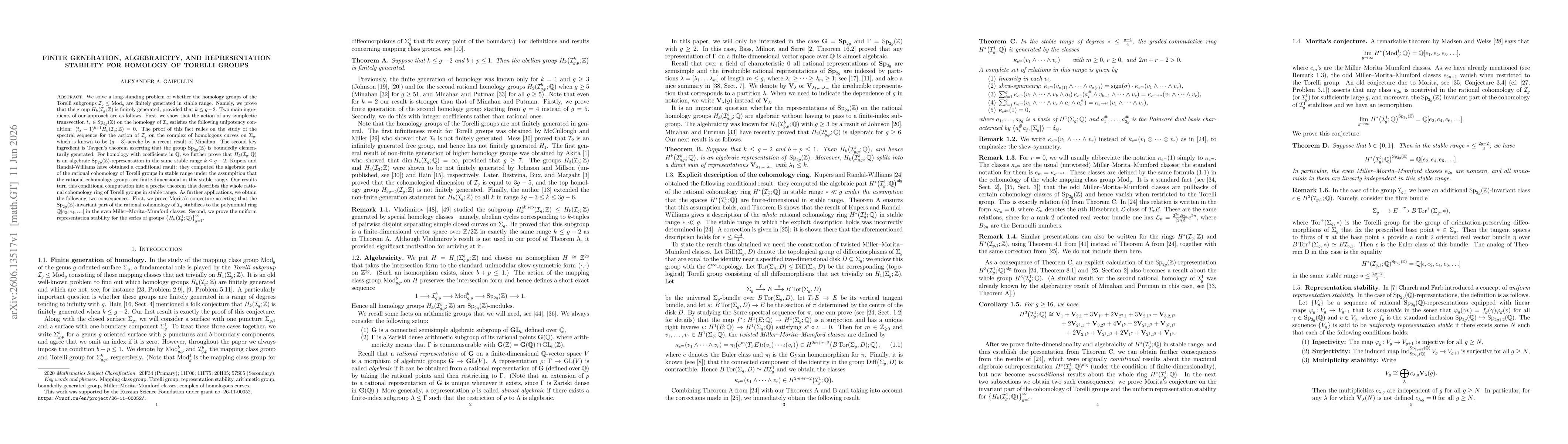 Thumbnail for Finite generation, algebraicity, and representation stability for homology of Torelli groups