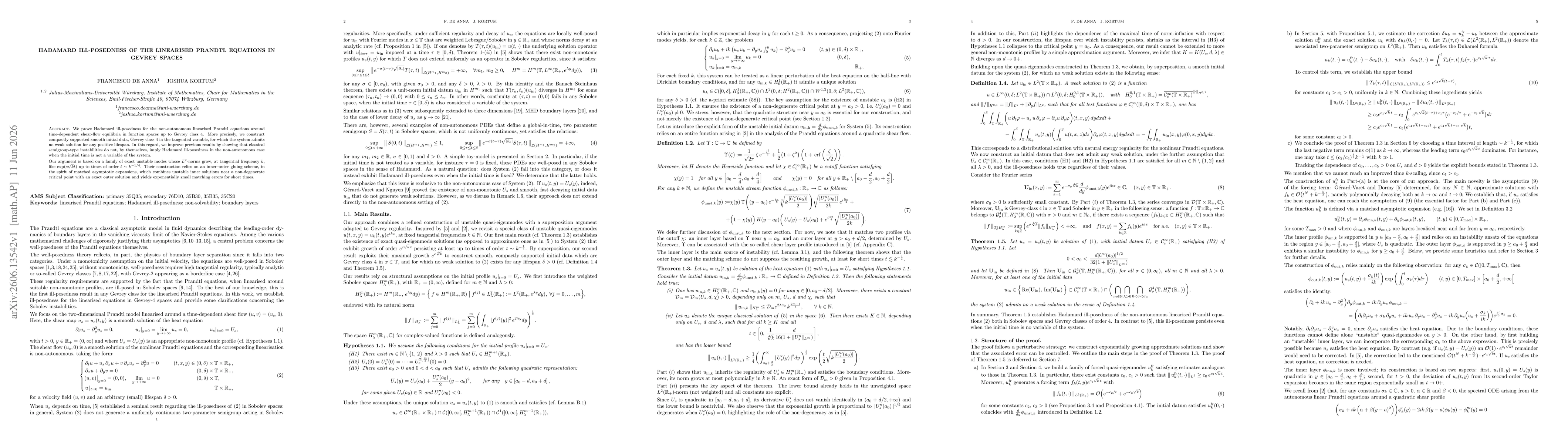 Thumbnail for Hadamard ill-Posedness of the linearised Prandtl Equations in Gevrey spaces