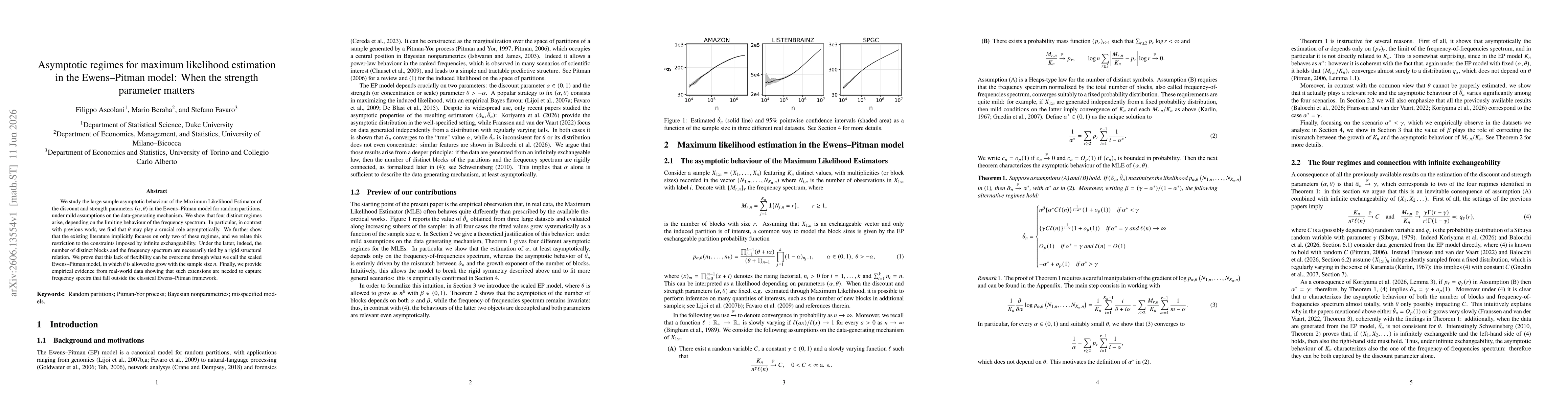 Thumbnail for Asymptotic regimes for maximum likelihood estimation in the Ewens--Pitman model: When the strength parameter matters