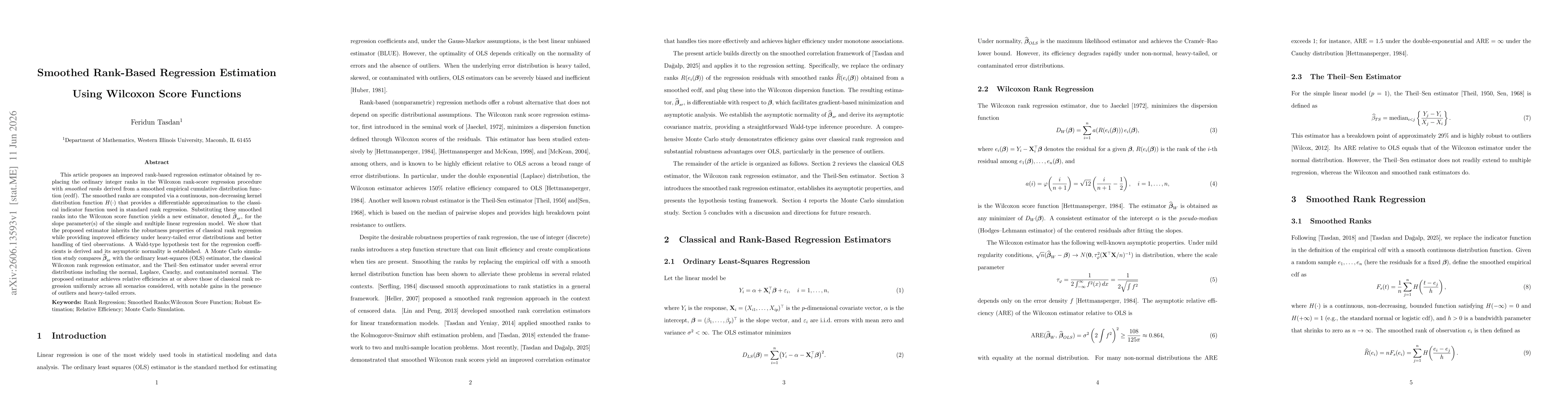 Thumbnail for Smoothed Rank-Based Regression Estimation Using Wilcoxon Score Functions