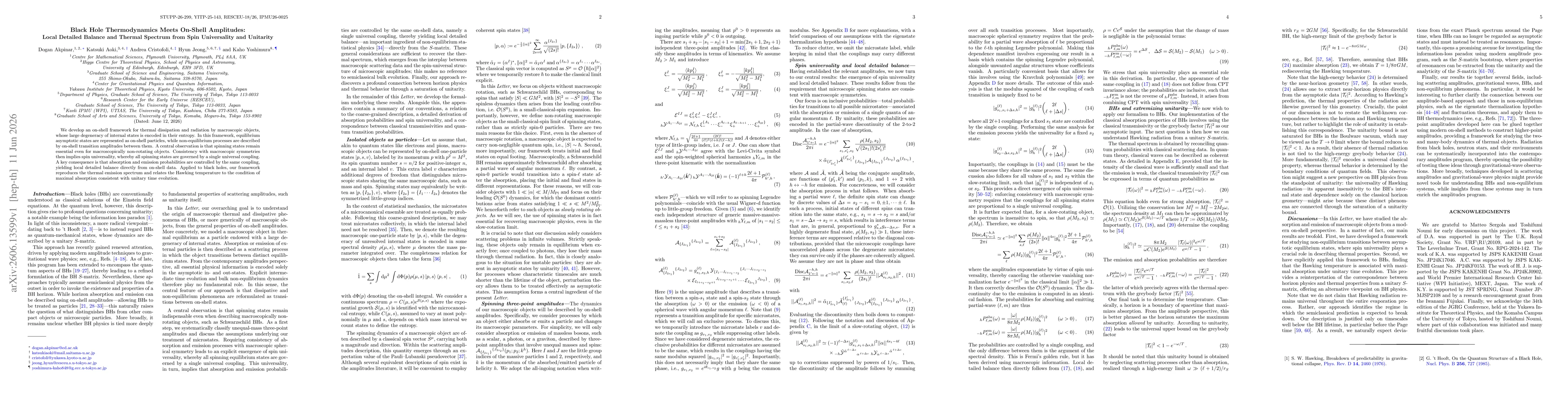 Thumbnail for Black Hole Thermodynamics Meets On-Shell Amplitudes: Local Detailed Balance and Thermal Spectrum from Spin Universality and Unitarity