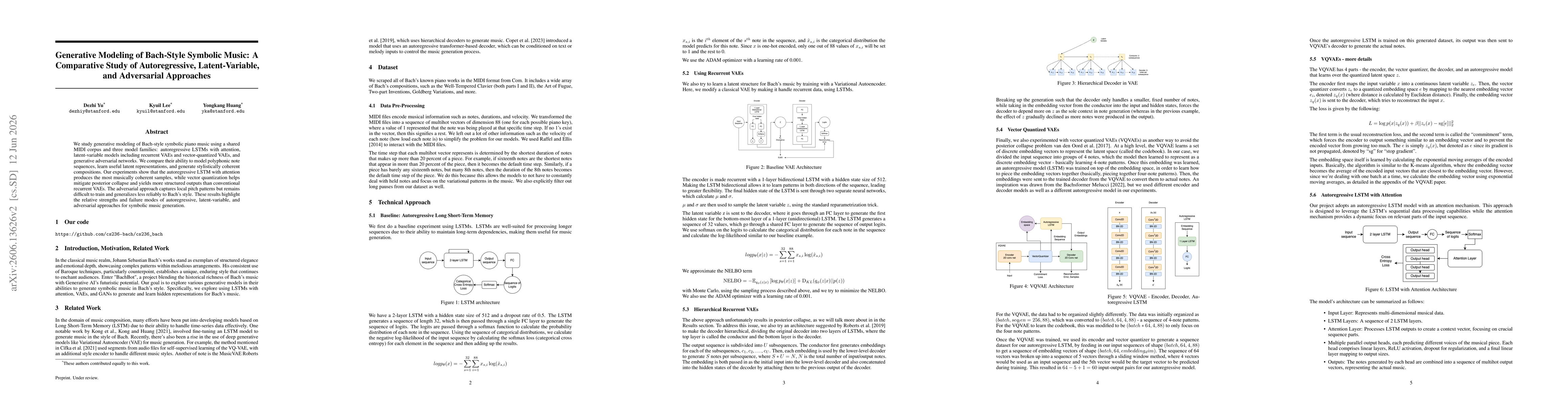 Thumbnail for Generative Modeling of Bach-Style Symbolic Music: A Comparative Study of Autoregressive, Latent-Variable, and Adversarial Approaches
