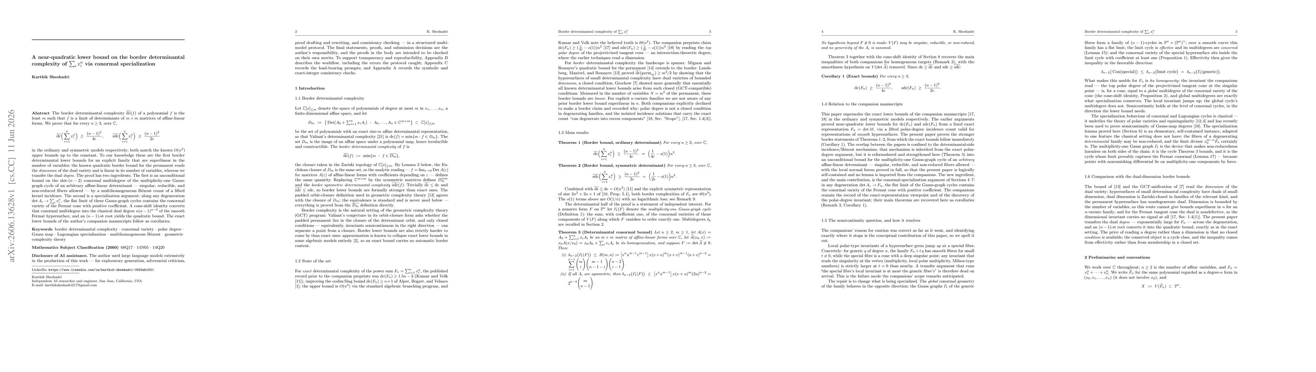 Thumbnail for A near-quadratic lower bound on the border determinantal complexity of $\sum_i x_i^n$ via conormal specialization