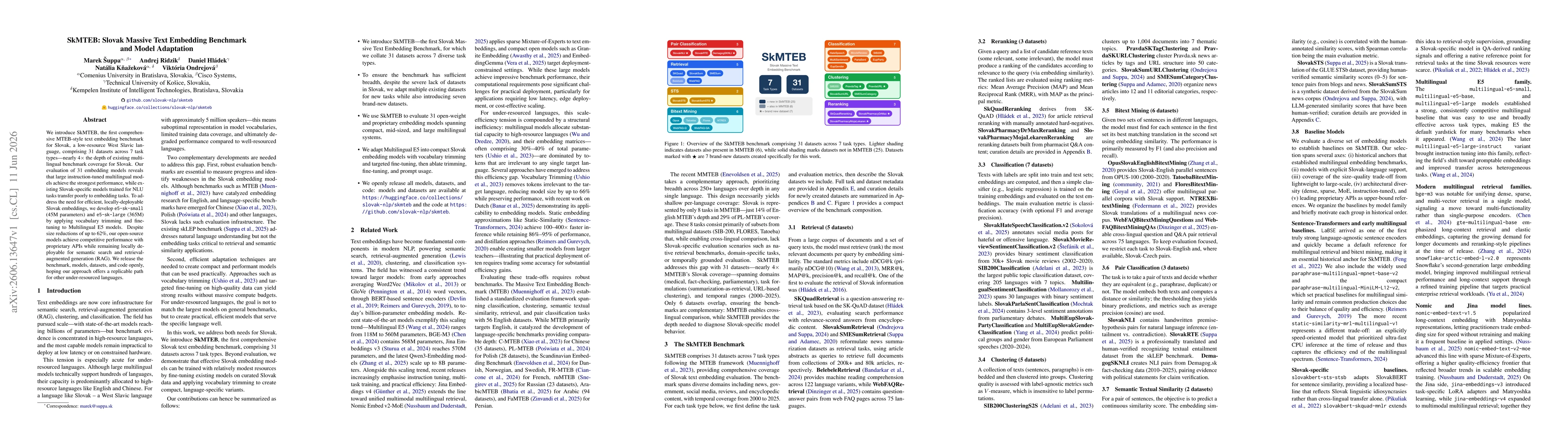 Thumbnail for SkMTEB: Slovak Massive Text Embedding Benchmark and Model Adaptation