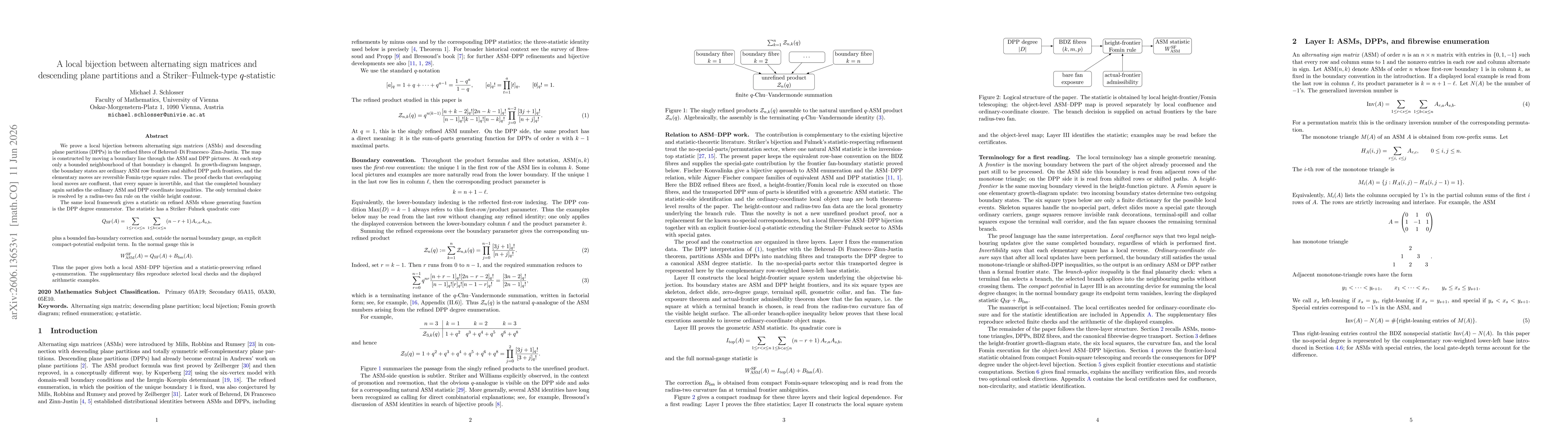 Thumbnail for A local bijection between alternating sign matrices and descending plane partitions and a Striker--Fulmek-type $q$-statistic