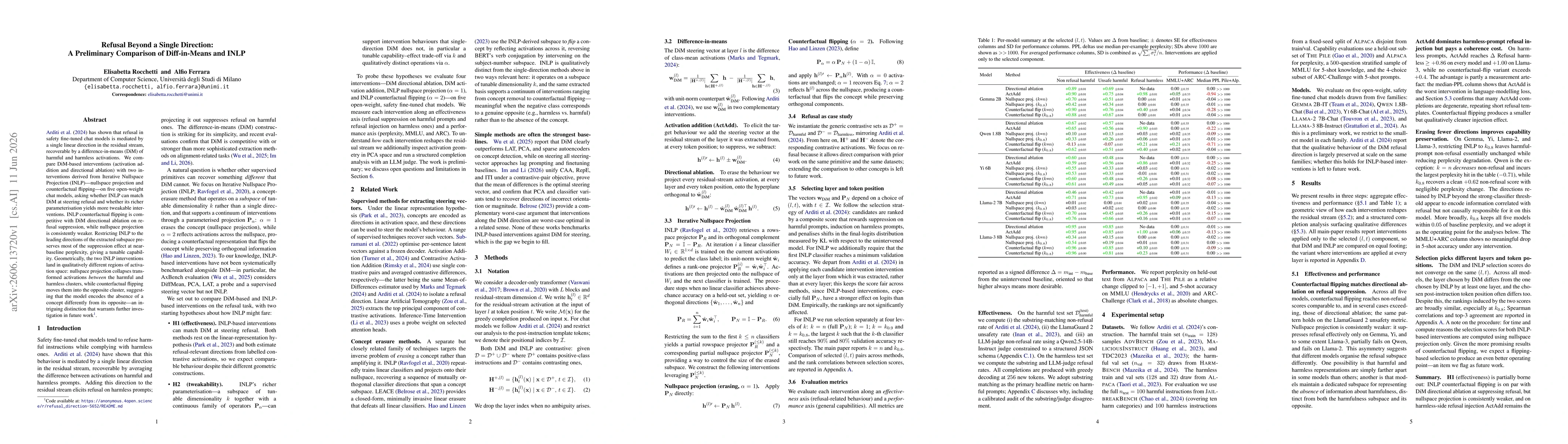 Thumbnail for Refusal Beyond a Single Direction: A Preliminary Comparison of Diff-in-Means and INLP