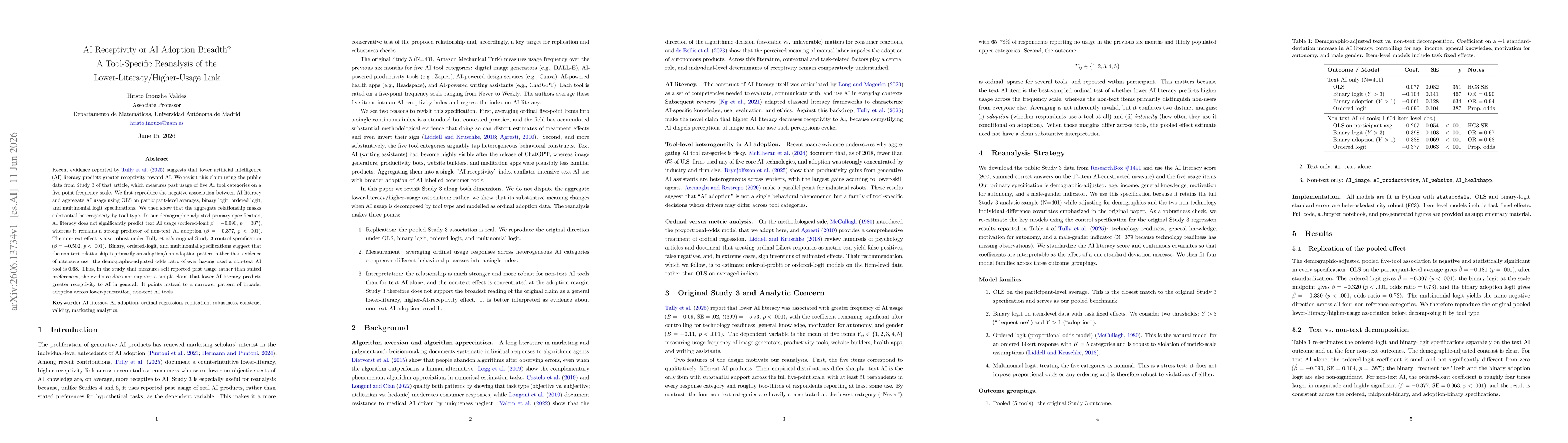 Thumbnail for AI Receptivity or AI Adoption Breadth? A Tool-Specific Reanalysis of the Lower-Literacy/Higher-Usage Link