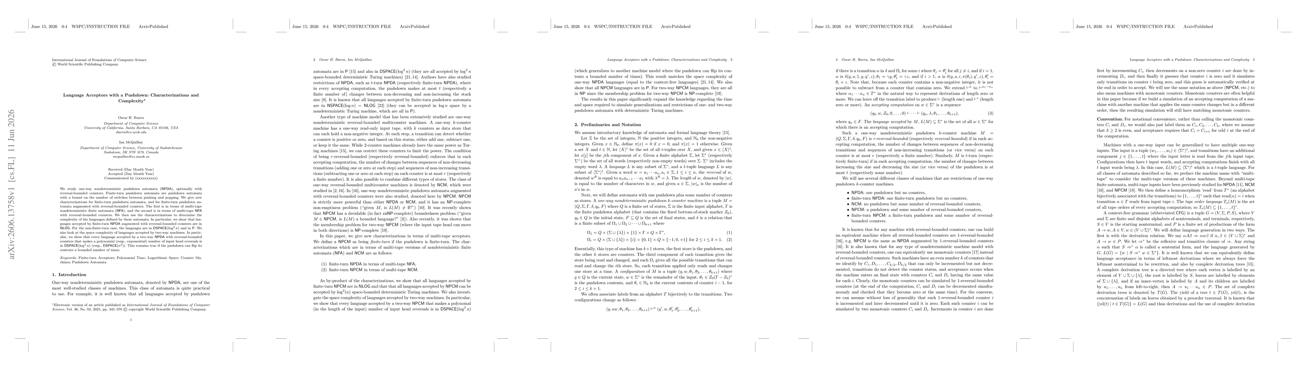 Thumbnail for Language Acceptors with a Pushdown: Characterizations and Complexity