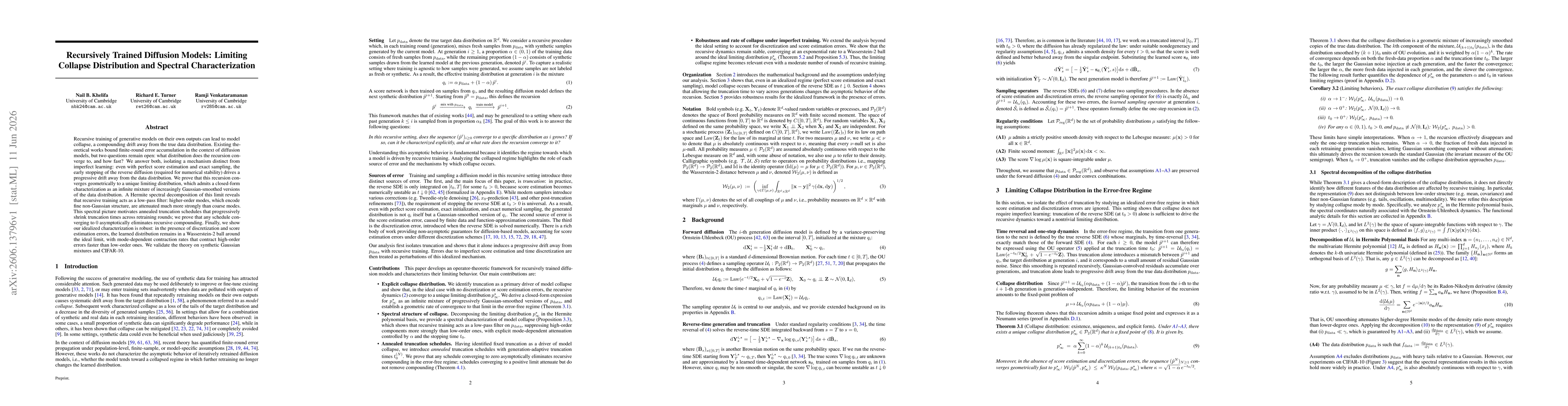 Thumbnail for Recursively Trained Diffusion Models: Limiting Collapse Distribution and Spectral Characterization